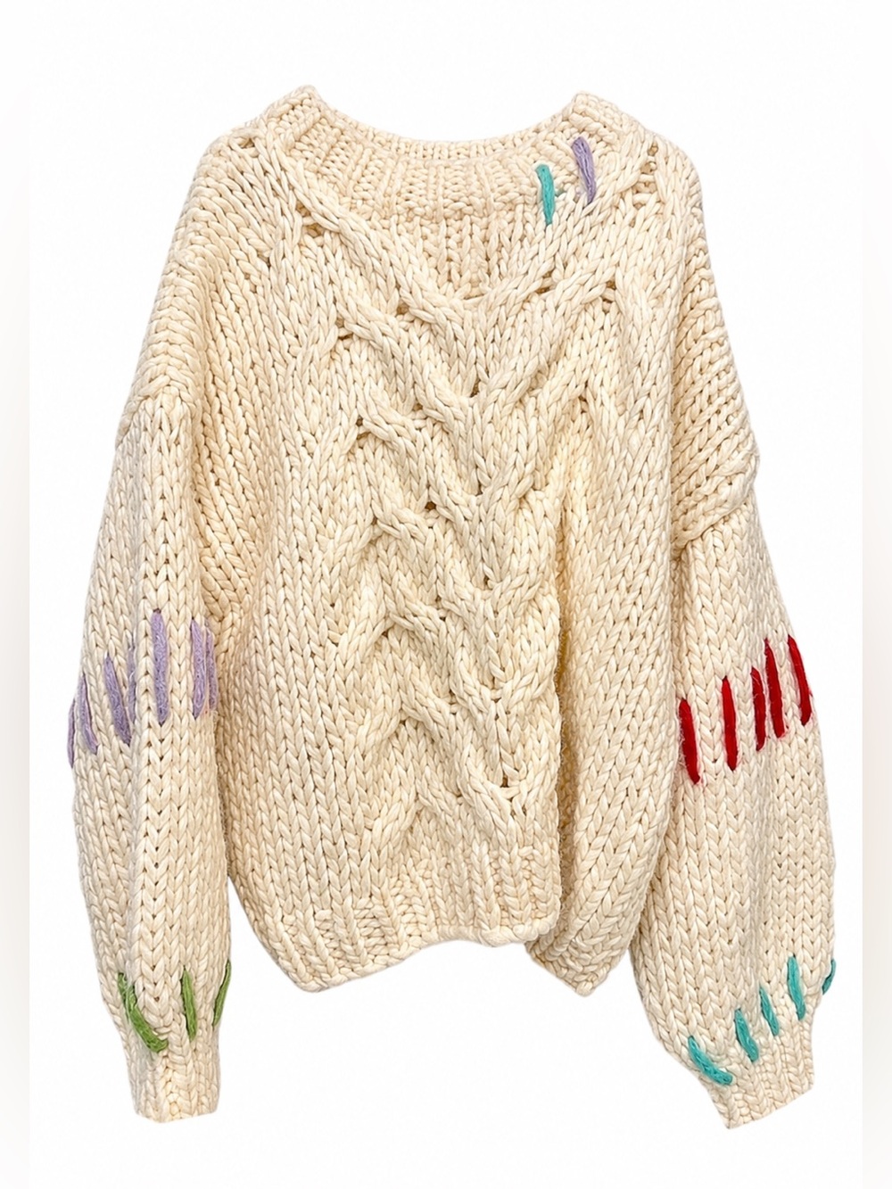 Bohme Chunky Cable Knit Sweater Cream Multicolor Stitch Balloon Sleeve Size S